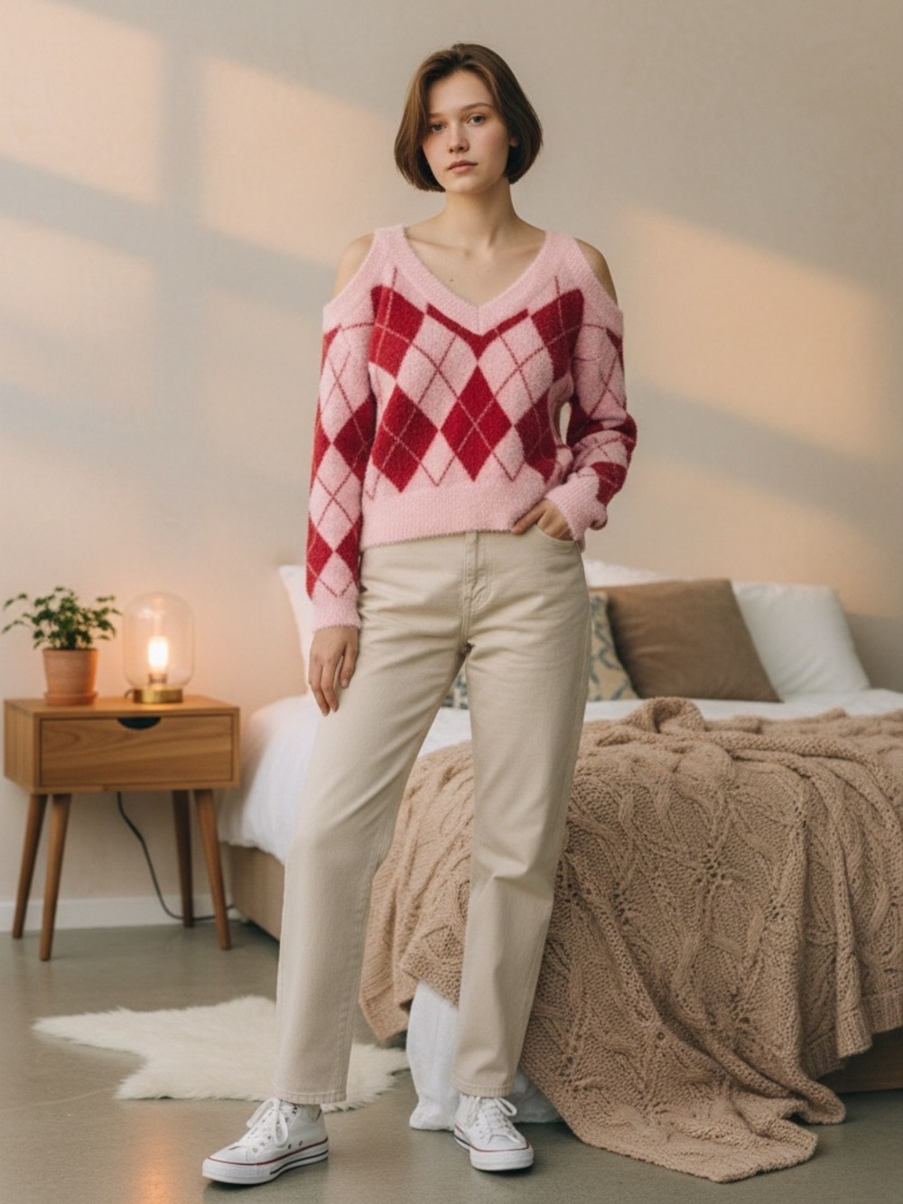 Forever 21 Pink and Red Argyle Cold-Shoulder V-Neck Sweater L NWT